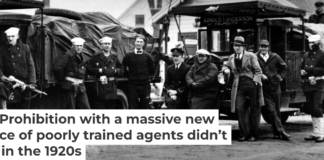 Coast Guardsmen stand in front of two truckloads of liquor seized on April 14, 1931, after a battle between three policemen and several alcohol smugglers near Falmouth, Mass. AP Photo